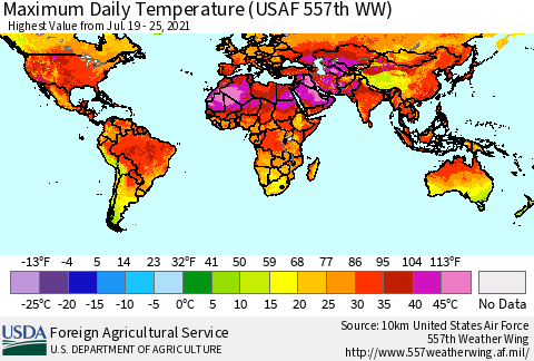 World Maximum Daily Temperature (USAF 557th WW) Thematic Map For 7/19/2021 - 7/25/2021