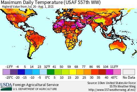 World Maximum Daily Temperature (USAF 557th WW) Thematic Map For 7/26/2021 - 8/1/2021