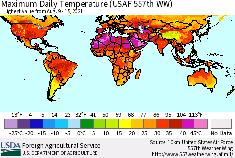 World Maximum Daily Temperature (USAF 557th WW) Thematic Map For 8/9/2021 - 8/15/2021