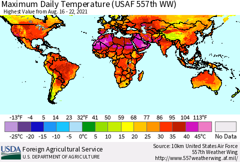 World Maximum Daily Temperature (USAF 557th WW) Thematic Map For 8/16/2021 - 8/22/2021