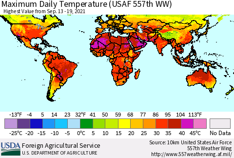 World Maximum Daily Temperature (USAF 557th WW) Thematic Map For 9/13/2021 - 9/19/2021