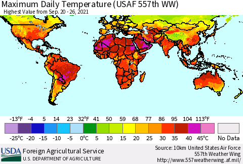 World Maximum Daily Temperature (USAF 557th WW) Thematic Map For 9/20/2021 - 9/26/2021