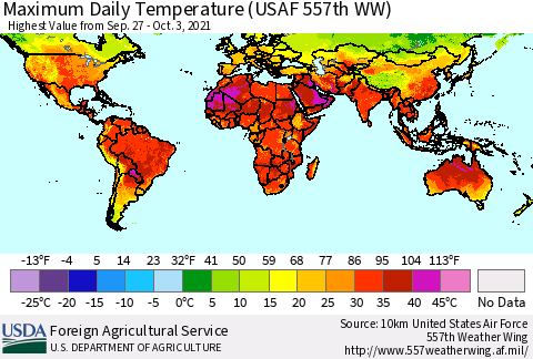 World Maximum Daily Temperature (USAF 557th WW) Thematic Map For 9/27/2021 - 10/3/2021