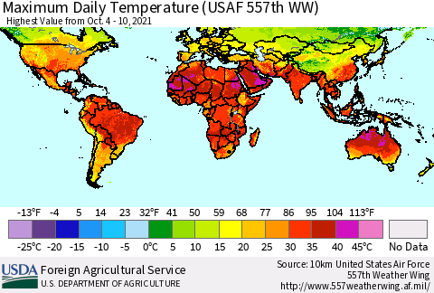 World Maximum Daily Temperature (USAF 557th WW) Thematic Map For 10/4/2021 - 10/10/2021