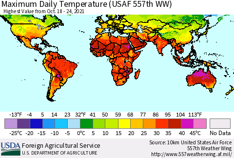 World Maximum Daily Temperature (USAF 557th WW) Thematic Map For 10/18/2021 - 10/24/2021