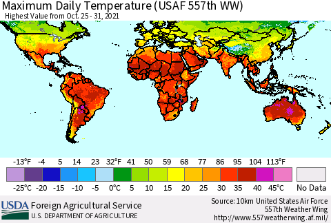 World Maximum Daily Temperature (USAF 557th WW) Thematic Map For 10/25/2021 - 10/31/2021