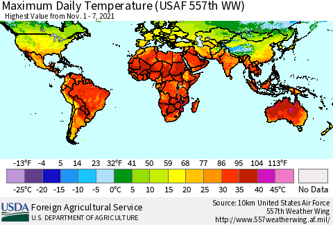 World Maximum Daily Temperature (USAF 557th WW) Thematic Map For 11/1/2021 - 11/7/2021