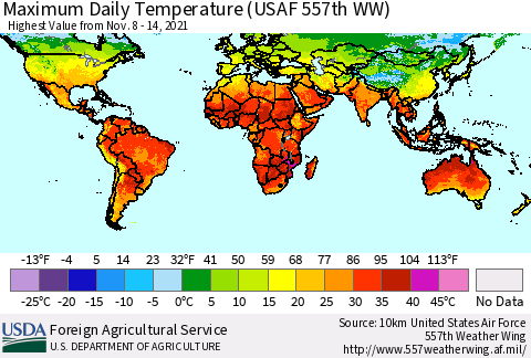 World Maximum Daily Temperature (USAF 557th WW) Thematic Map For 11/8/2021 - 11/14/2021