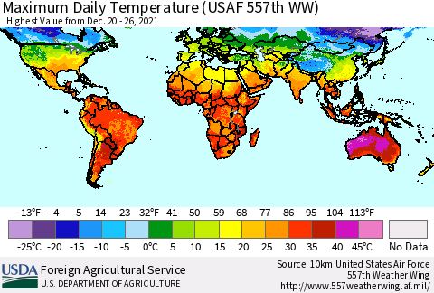 World Maximum Daily Temperature (USAF 557th WW) Thematic Map For 12/20/2021 - 12/26/2021