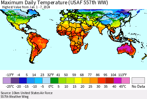World Maximum Daily Temperature (USAF 557th WW) Thematic Map For 1/1/2024 - 1/7/2024