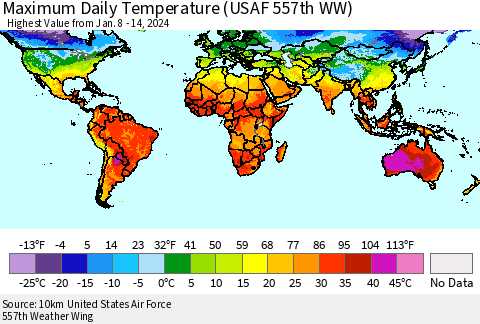 World Maximum Daily Temperature (USAF 557th WW) Thematic Map For 1/8/2024 - 1/14/2024