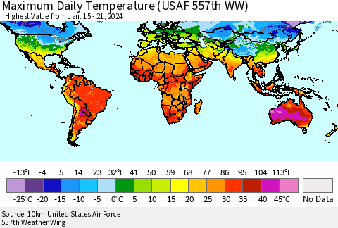 World Maximum Daily Temperature (USAF 557th WW) Thematic Map For 1/15/2024 - 1/21/2024