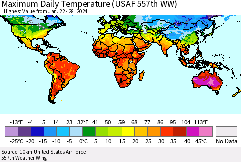 World Maximum Daily Temperature (USAF 557th WW) Thematic Map For 1/22/2024 - 1/28/2024