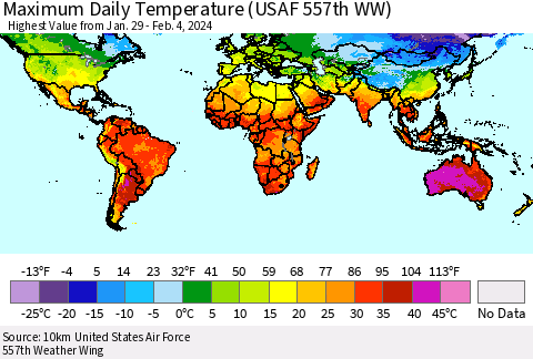 World Maximum Daily Temperature (USAF 557th WW) Thematic Map For 1/29/2024 - 2/4/2024
