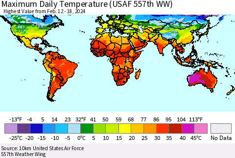 World Maximum Daily Temperature (USAF 557th WW) Thematic Map For 2/12/2024 - 2/18/2024