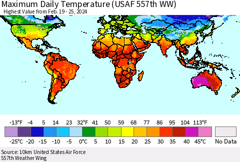 World Maximum Daily Temperature (USAF 557th WW) Thematic Map For 2/19/2024 - 2/25/2024