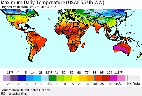 World Maximum Daily Temperature (USAF 557th WW) Thematic Map For 2/26/2024 - 3/3/2024