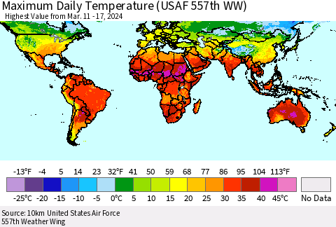 World Maximum Daily Temperature (USAF 557th WW) Thematic Map For 3/11/2024 - 3/17/2024