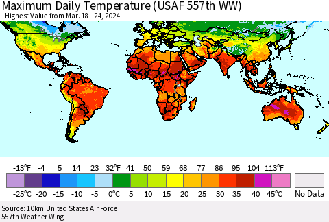 World Maximum Daily Temperature (USAF 557th WW) Thematic Map For 3/18/2024 - 3/24/2024