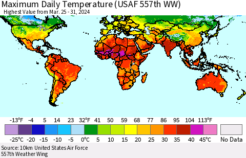 World Maximum Daily Temperature (USAF 557th WW) Thematic Map For 3/25/2024 - 3/31/2024