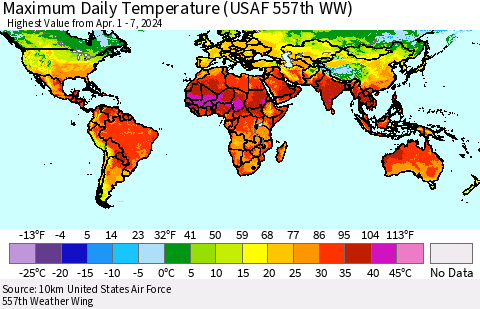 World Maximum Daily Temperature (USAF 557th WW) Thematic Map For 4/1/2024 - 4/7/2024