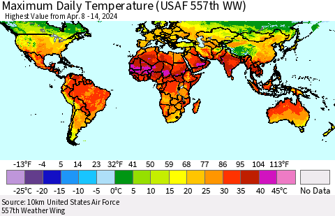 World Maximum Daily Temperature (USAF 557th WW) Thematic Map For 4/8/2024 - 4/14/2024