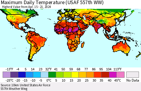World Maximum Daily Temperature (USAF 557th WW) Thematic Map For 4/15/2024 - 4/21/2024