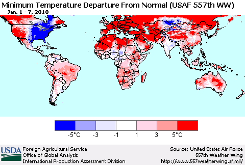 World Mean Minimum Temperature Departure from Normal (USAF 557th WW) Thematic Map For 1/1/2018 - 1/7/2018