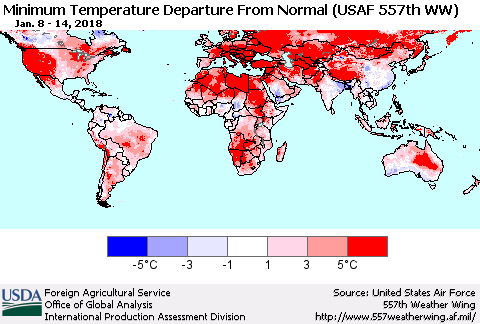 World Mean Minimum Temperature Departure from Normal (USAF 557th WW) Thematic Map For 1/8/2018 - 1/14/2018