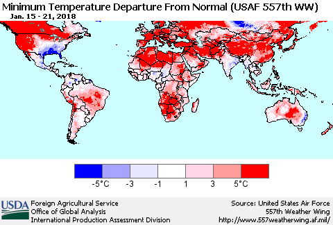 World Mean Minimum Temperature Departure from Normal (USAF 557th WW) Thematic Map For 1/15/2018 - 1/21/2018