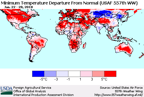 World Mean Minimum Temperature Departure from Normal (USAF 557th WW) Thematic Map For 1/22/2018 - 1/28/2018