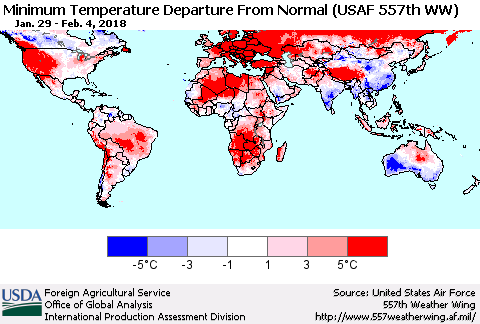 World Mean Minimum Temperature Departure from Normal (USAF 557th WW) Thematic Map For 1/29/2018 - 2/4/2018
