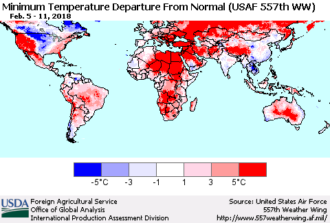 World Mean Minimum Temperature Departure from Normal (USAF 557th WW) Thematic Map For 2/5/2018 - 2/11/2018