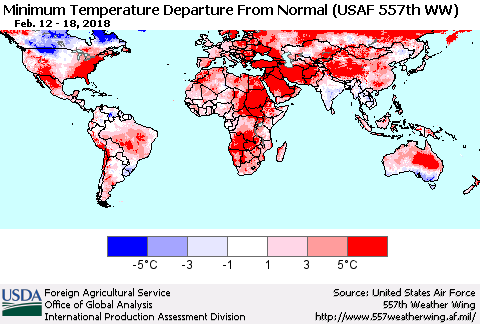 World Mean Minimum Temperature Departure from Normal (USAF 557th WW) Thematic Map For 2/12/2018 - 2/18/2018