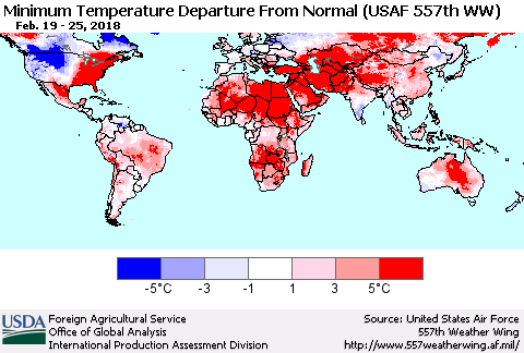 World Mean Minimum Temperature Departure from Normal (USAF 557th WW) Thematic Map For 2/19/2018 - 2/25/2018