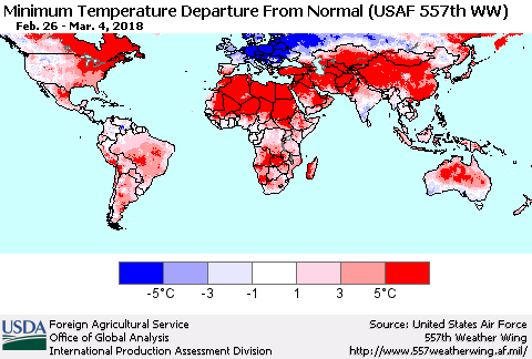 World Mean Minimum Temperature Departure from Normal (USAF 557th WW) Thematic Map For 2/26/2018 - 3/4/2018