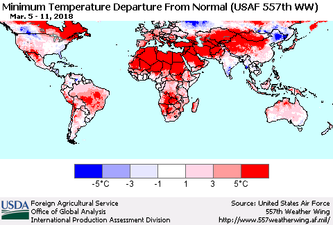 World Mean Minimum Temperature Departure from Normal (USAF 557th WW) Thematic Map For 3/5/2018 - 3/11/2018