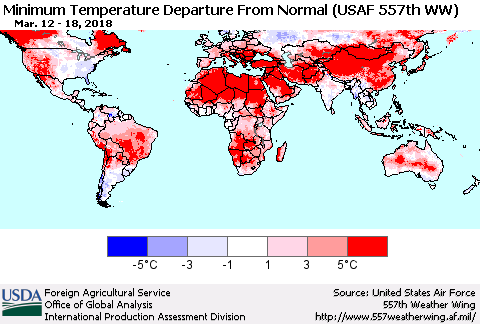 World Mean Minimum Temperature Departure from Normal (USAF 557th WW) Thematic Map For 3/12/2018 - 3/18/2018