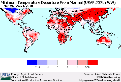 World Mean Minimum Temperature Departure from Normal (USAF 557th WW) Thematic Map For 3/26/2018 - 4/1/2018