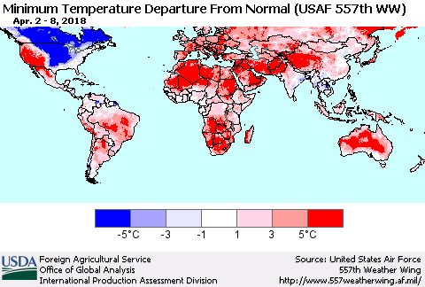 World Mean Minimum Temperature Departure from Normal (USAF 557th WW) Thematic Map For 4/2/2018 - 4/8/2018