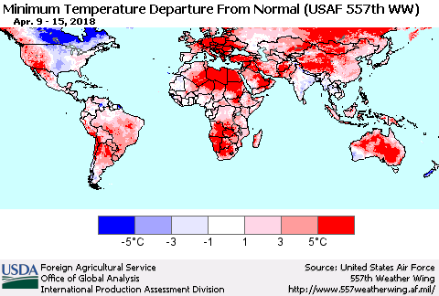 World Mean Minimum Temperature Departure from Normal (USAF 557th WW) Thematic Map For 4/9/2018 - 4/15/2018