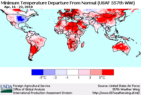 World Mean Minimum Temperature Departure from Normal (USAF 557th WW) Thematic Map For 4/16/2018 - 4/22/2018