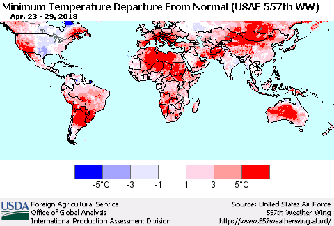 World Mean Minimum Temperature Departure from Normal (USAF 557th WW) Thematic Map For 4/23/2018 - 4/29/2018