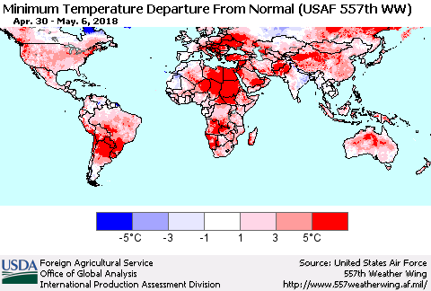 World Mean Minimum Temperature Departure from Normal (USAF 557th WW) Thematic Map For 4/30/2018 - 5/6/2018