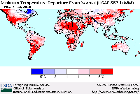 World Mean Minimum Temperature Departure from Normal (USAF 557th WW) Thematic Map For 5/7/2018 - 5/13/2018