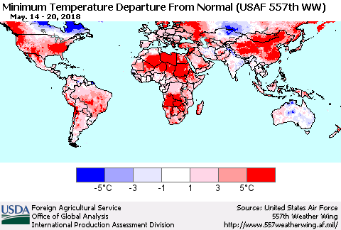 World Mean Minimum Temperature Departure from Normal (USAF 557th WW) Thematic Map For 5/14/2018 - 5/20/2018
