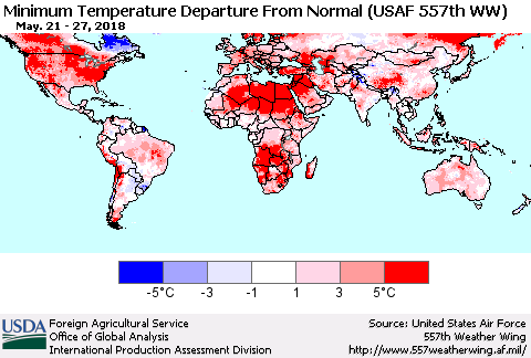 World Mean Minimum Temperature Departure from Normal (USAF 557th WW) Thematic Map For 5/21/2018 - 5/27/2018