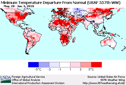 World Mean Minimum Temperature Departure from Normal (USAF 557th WW) Thematic Map For 5/28/2018 - 6/3/2018