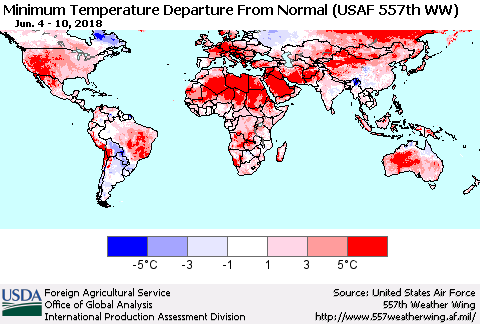 World Mean Minimum Temperature Departure from Normal (USAF 557th WW) Thematic Map For 6/4/2018 - 6/10/2018