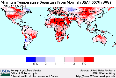 World Mean Minimum Temperature Departure from Normal (USAF 557th WW) Thematic Map For 6/11/2018 - 6/17/2018
